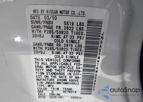 2010 Infiniti Fx35 from USA, damaged, VIN JN8AS1MW7AM854923